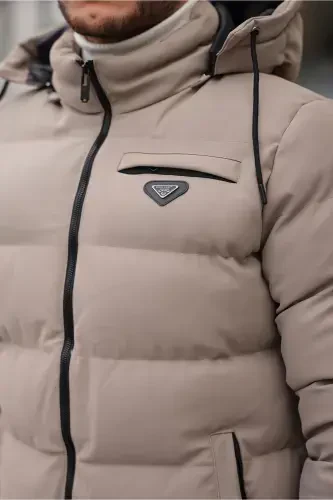 Embossed Carbon Leather Jacket Hooded PLDP 2959-BEIGE - 5