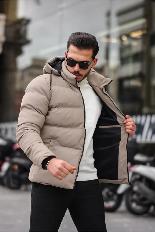 Embossed Carbon Leather Jacket Hooded PLDP 2959-BEIGE - 2