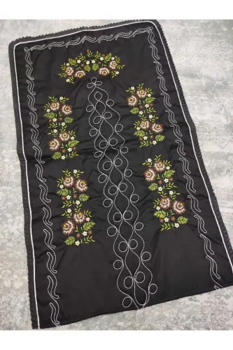 Embroidered Aida Cloth Single Prayer Rug - Black - ÇT ÇEYIZCI TEKSTIL (1)