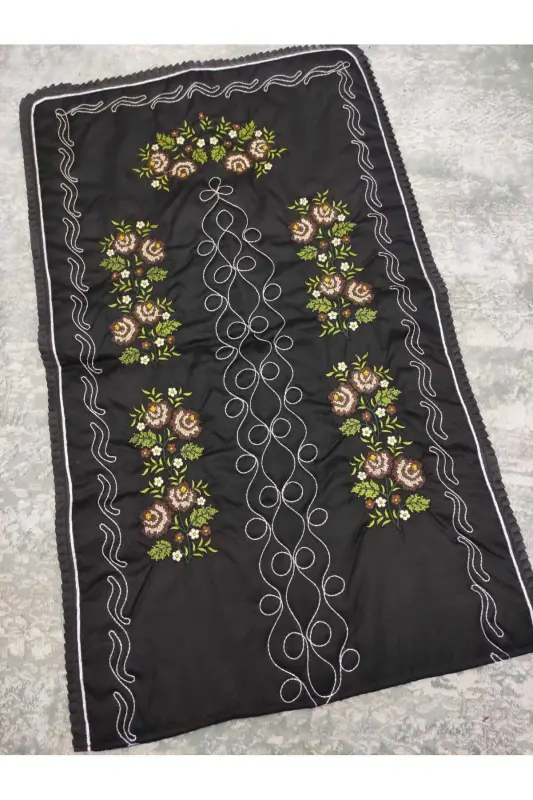 Embroidered Aida Cloth Single Prayer Rug - Black - 2