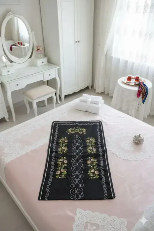 Embroidered Aida Cloth Single Prayer Rug - Black - ÇT ÇEYIZCI TEKSTIL