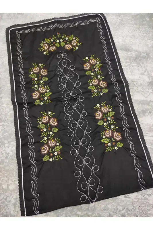 Embroidered Aida Cloth Single Prayer Rug - Black - 2