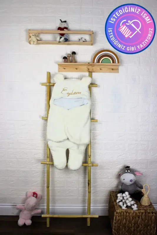 Embroidered Baby Outer Swaddle Sleeping Bag Curly Wellsoft Plush Teddy Bear Eared Personalized-ecru - 1