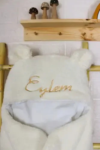 Embroidered Baby Outer Swaddle Sleeping Bag Curly Wellsoft Plush Teddy Bear Eared Personalized-ecru - 3