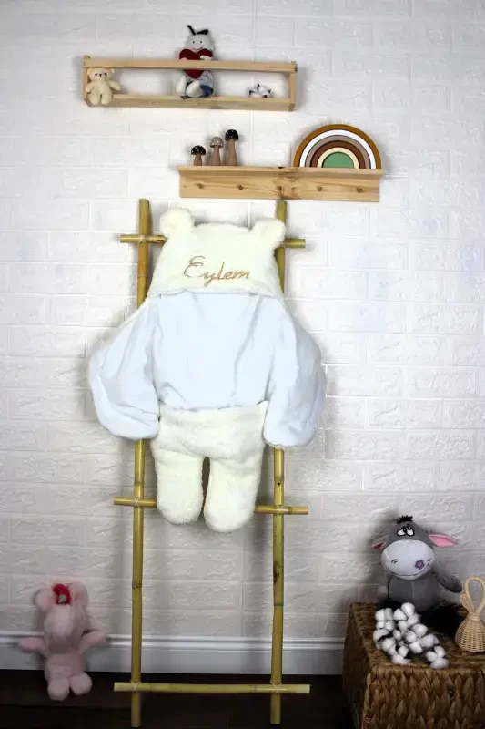 Embroidered Baby Outer Swaddle Sleeping Bag Curly Wellsoft Plush Teddy Bear Eared Personalized-ecru - 4