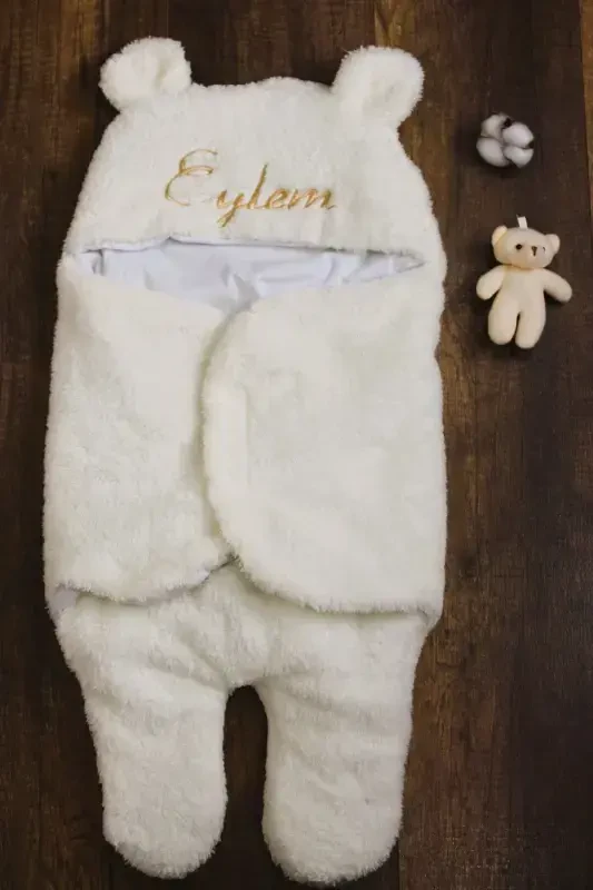Embroidered Baby Outer Swaddle Sleeping Bag Curly Wellsoft Plush Teddy Bear Eared Personalized-ecru - 5