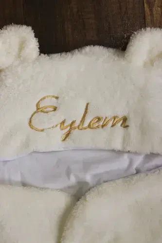 Embroidered Baby Outer Swaddle Sleeping Bag Curly Wellsoft Plush Teddy Bear Eared Personalized-ecru - 6