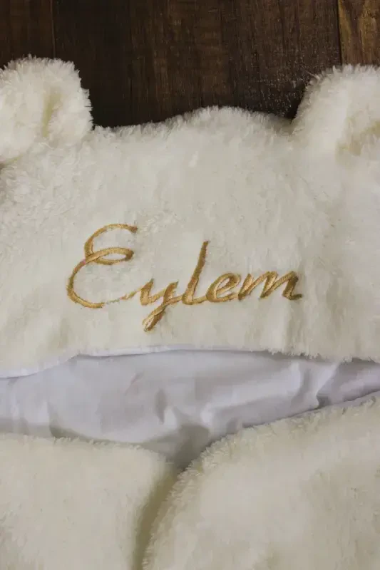 Embroidered Baby Outer Swaddle Sleeping Bag Curly Wellsoft Plush Teddy Bear Eared Personalized-ecru - 6