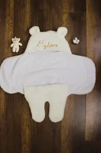 Embroidered Baby Outer Swaddle Sleeping Bag Curly Wellsoft Plush Teddy Bear Eared Personalized-ecru - 7