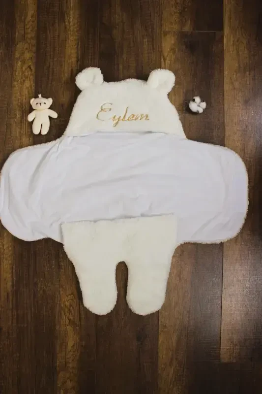 Embroidered Baby Outer Swaddle Sleeping Bag Curly Wellsoft Plush Teddy Bear Eared Personalized-ecru - 7