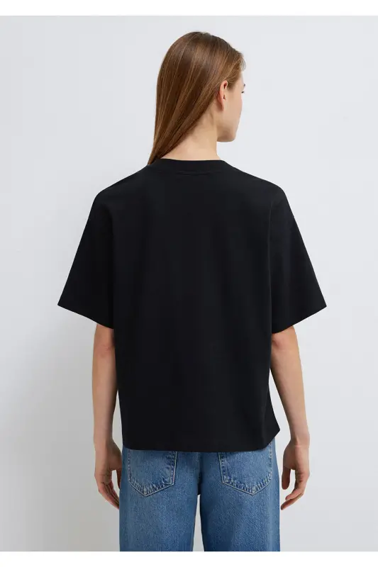 Embroidered Black Basic T-Shirt Loose Fit - 5