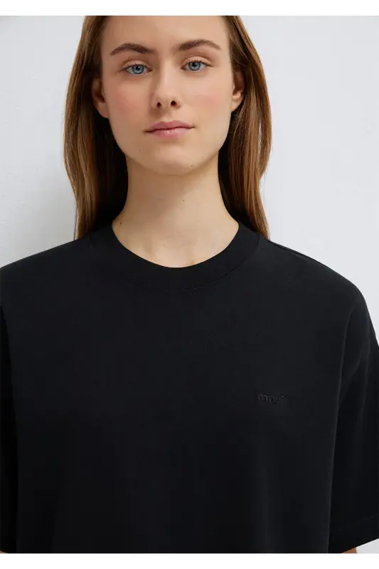 Embroidered Black Basic T-Shirt Loose Fit - 6