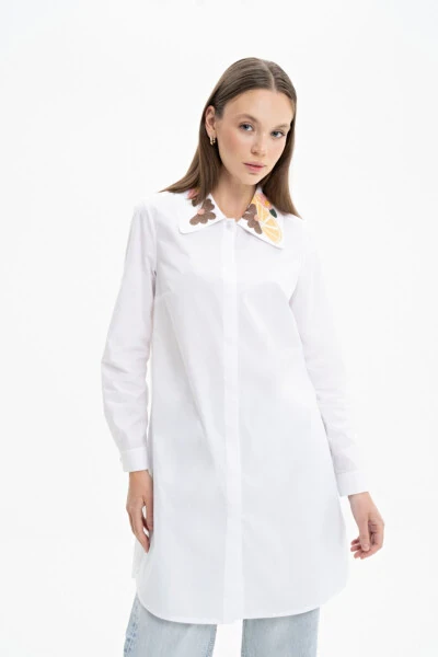 Embroidered Collar Poplin Tunic Shirt - AKER