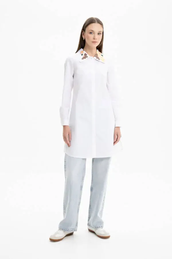 Embroidered Collar Poplin Tunic Shirt - 2