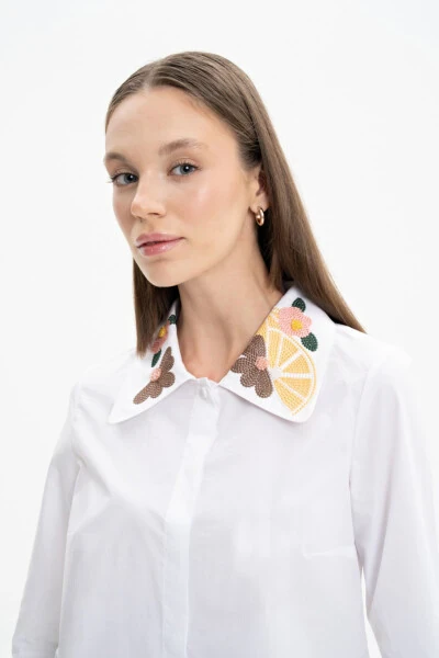 Embroidered Collar Poplin Tunic Shirt - 5