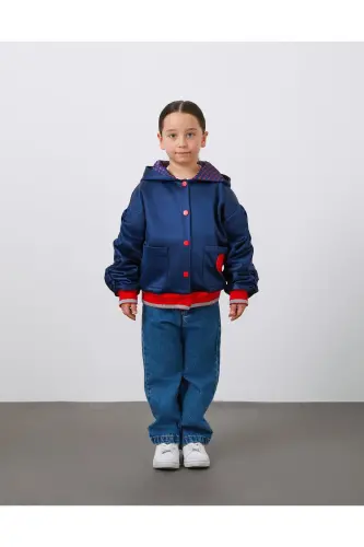 Embroidered Detachable Sleeve Puffy Navy Blue Girls Hooded Jacket - 1