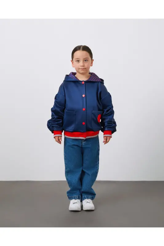 Embroidered Detachable Sleeve Puffy Navy Blue Girls Hooded Jacket - MANIMANI