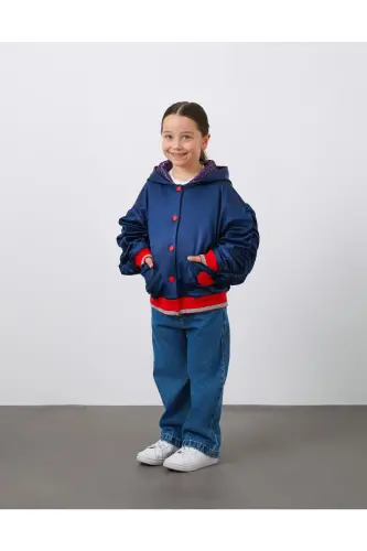 Embroidered Detachable Sleeve Puffy Navy Blue Girls Hooded Jacket - 2