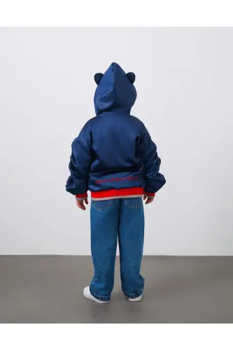 Embroidered Detachable Sleeve Puffy Navy Blue Girls Hooded Jacket - 4