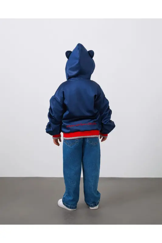 Embroidered Detachable Sleeve Puffy Navy Blue Girls Hooded Jacket - 4