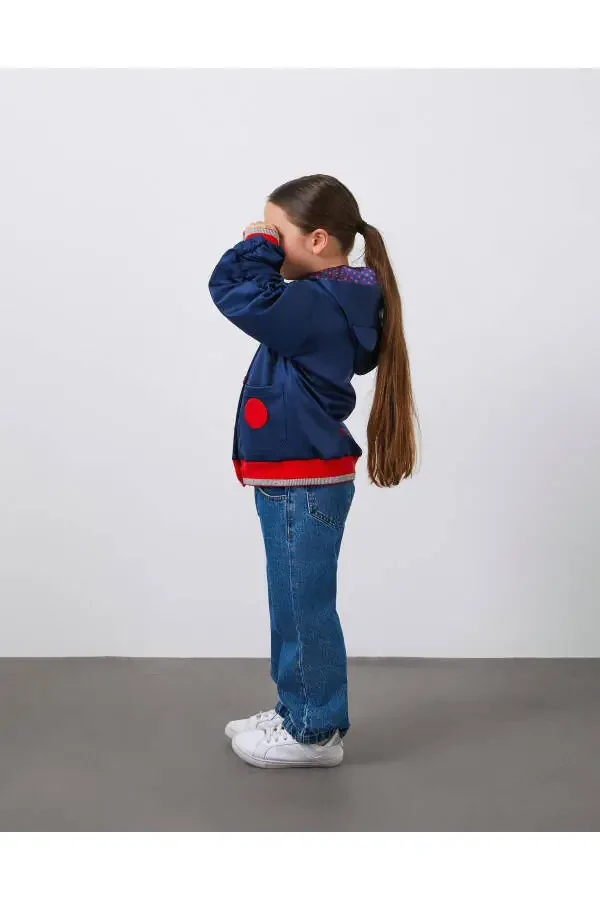Embroidered Detachable Sleeve Puffy Navy Blue Girls Hooded Jacket - 5