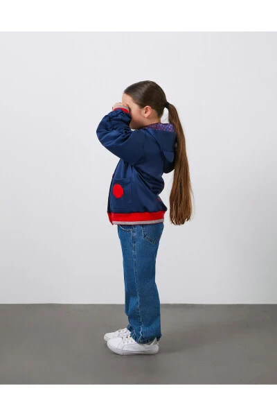 Embroidered Detachable Sleeve Puffy Navy Blue Girls Hooded Jacket - Modazone (1)