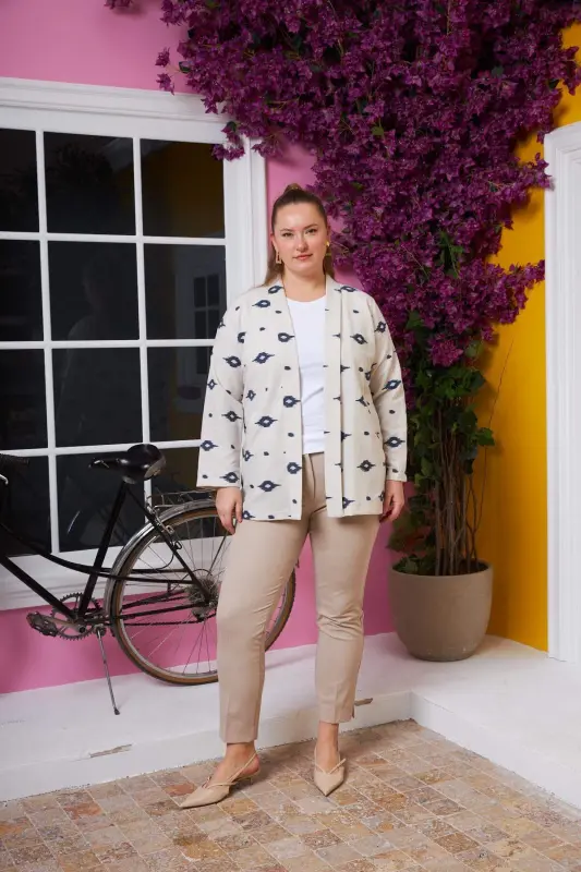 Embroidered Detail Linen Textured Plus Size Jacket Navy Blue - 6