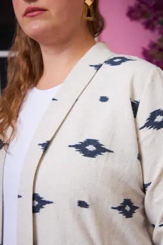 Embroidered Detail Linen Textured Plus Size Jacket Navy Blue - BÜYÜKBEDENIZ (1)