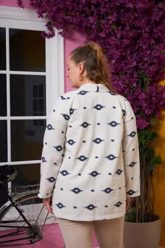 Embroidered Detail Linen Textured Plus Size Jacket Navy Blue - 7