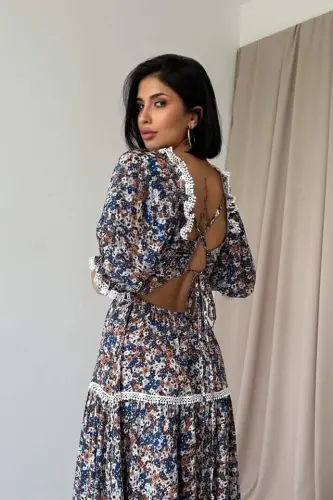 Embroidered Dress with Patterned Open Back - 3