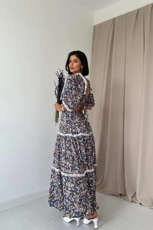 Embroidered Dress with Patterned Open Back - 4