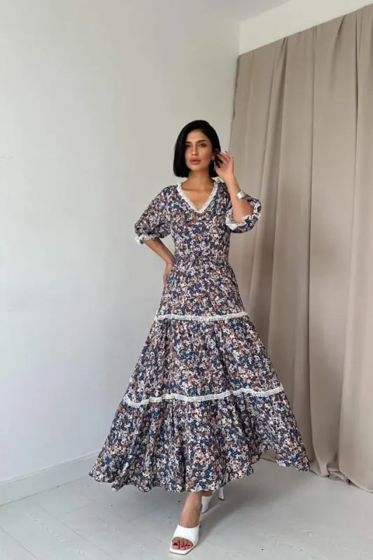 Embroidered Dress with Patterned Open Back - BÜYÜKBEDENIZ