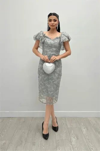 Embroidered Lace Fabric Boat Neck Pencil Dress - GRAY - 6