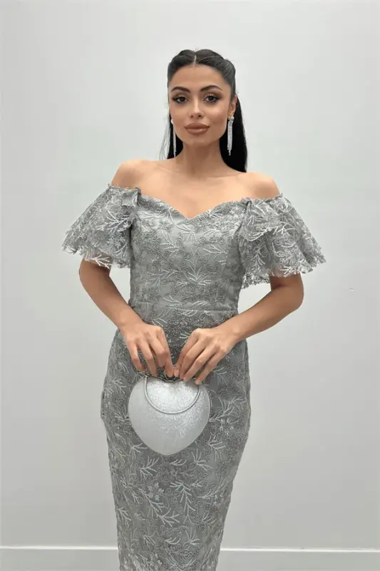 Embroidered Lace Fabric Boat Neck Pencil Dress - GRAY - 8