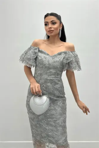 Embroidered Lace Fabric Boat Neck Pencil Dress - GRAY - 9