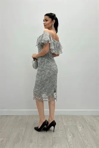 Embroidered Lace Fabric Boat Neck Pencil Dress - GRAY - 5