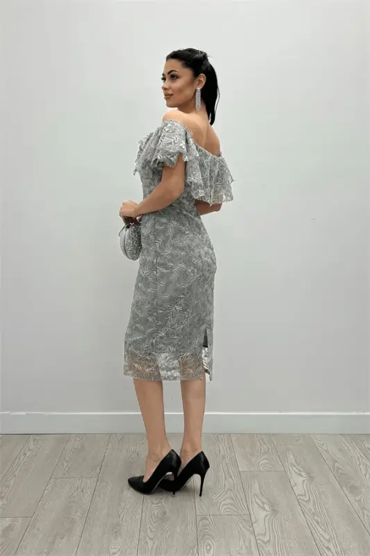 Embroidered Lace Fabric Boat Neck Pencil Dress - GRAY - 5