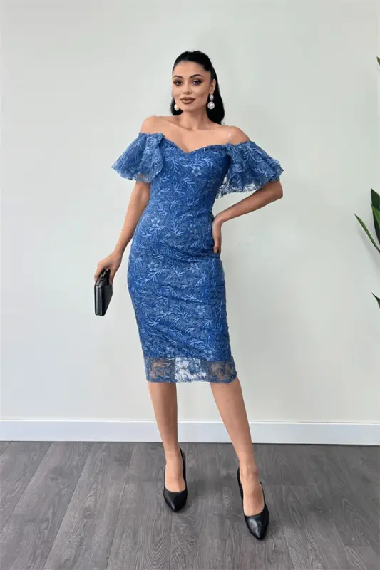 Embroidered Lace Fabric Boat Neck Pencil Dress - INDIGO BLUE - 1