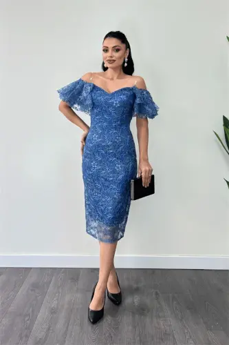 Embroidered Lace Fabric Boat Neck Pencil Dress - INDIGO BLUE - BÜYÜKBEDENIZ (1)