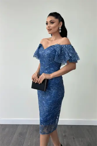 Embroidered Lace Fabric Boat Neck Pencil Dress - INDIGO BLUE - 3