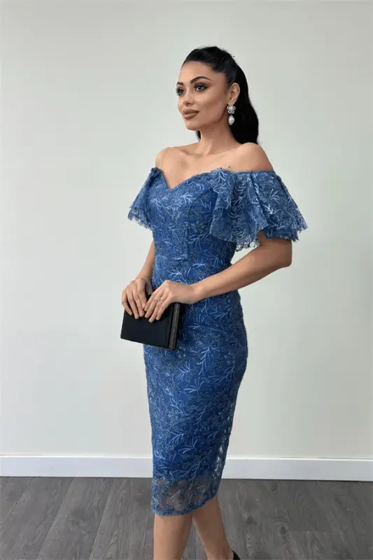 Embroidered Lace Fabric Boat Neck Pencil Dress - INDIGO BLUE - 3