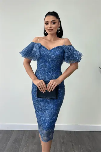 Embroidered Lace Fabric Boat Neck Pencil Dress - INDIGO BLUE - 4
