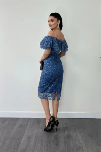 Embroidered Lace Fabric Boat Neck Pencil Dress - INDIGO BLUE - 5