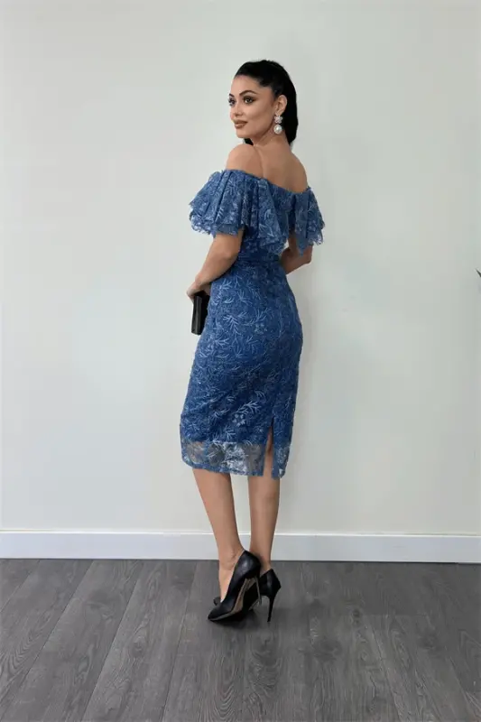 Embroidered Lace Fabric Boat Neck Pencil Dress - INDIGO BLUE - 5