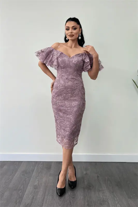 Embroidered Lace Fabric Boat Neck Pencil Dress - ROSE DUST - 2