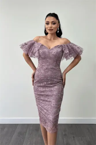 Embroidered Lace Fabric Boat Neck Pencil Dress - ROSE DUST - 3