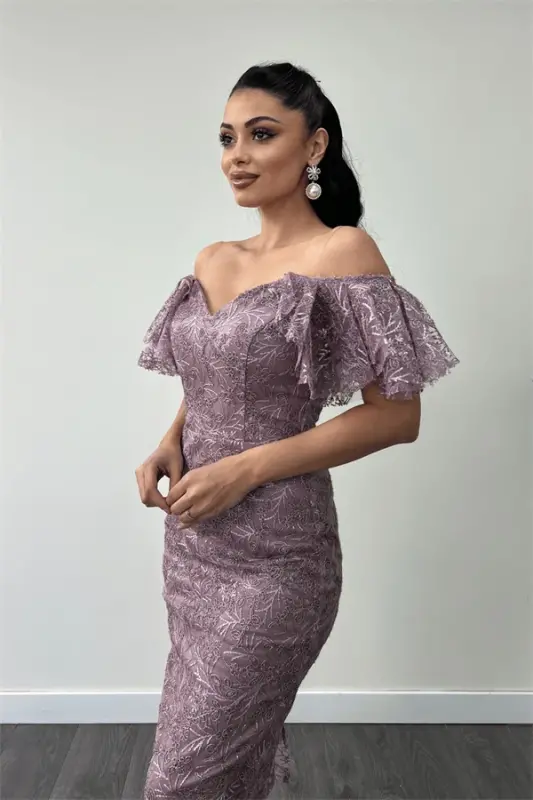 Embroidered Lace Fabric Boat Neck Pencil Dress - ROSE DUST - 4