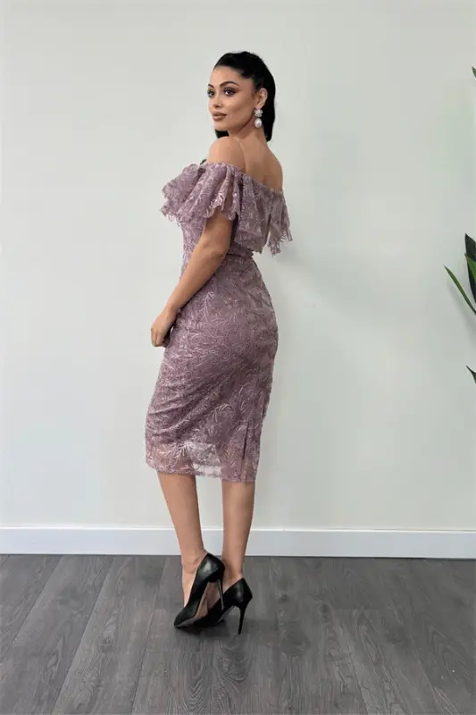 Embroidered Lace Fabric Boat Neck Pencil Dress - ROSE DUST - 5