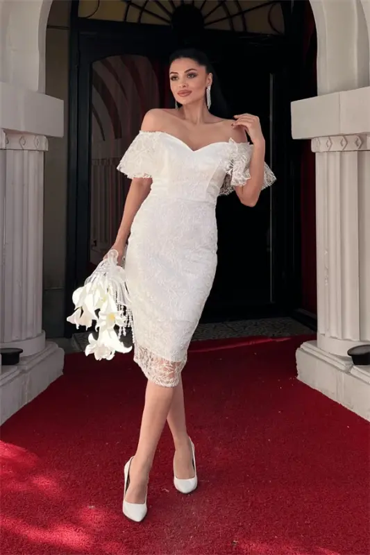 Embroidered Lace Fabric Boat Neck Pencil Dress - WHITE - 1