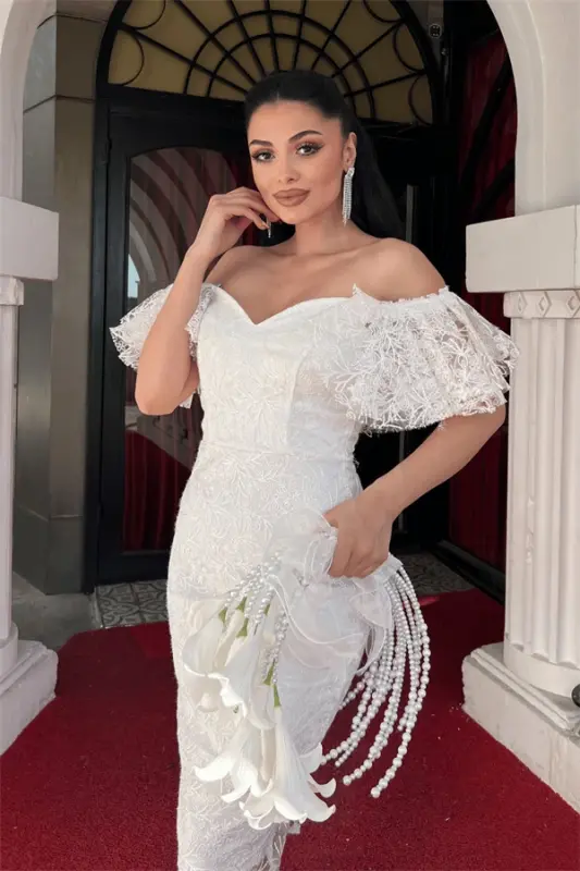 Embroidered Lace Fabric Boat Neck Pencil Dress - WHITE - 3